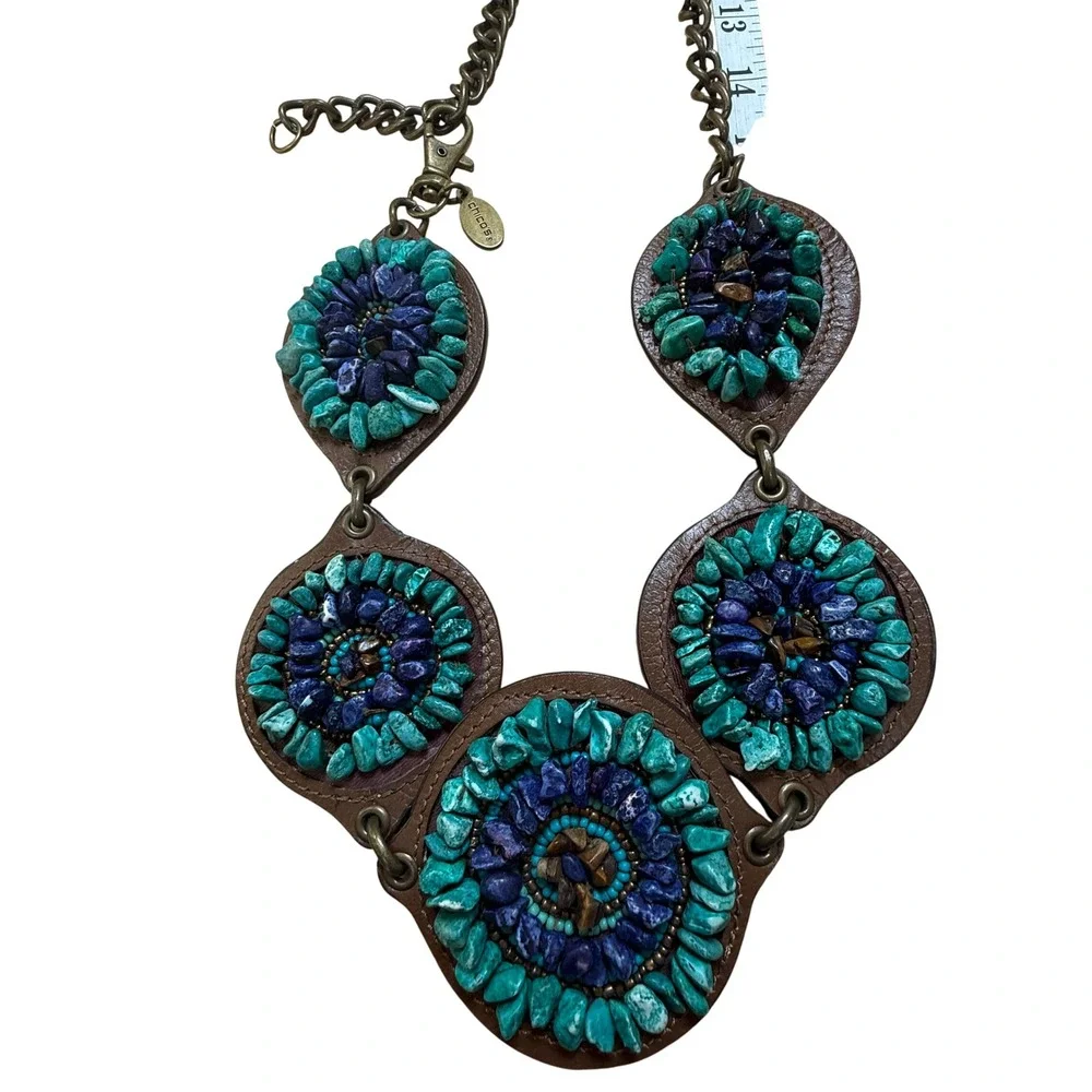 Chico's Stone Medallion Chain Belt Turquoise Purple Boho Western Statement - Picture 12 of 15